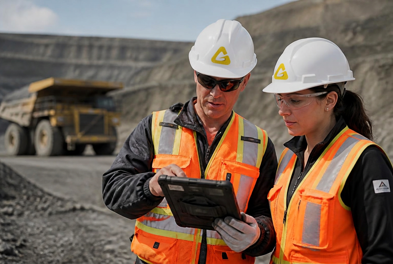 Deux professionnels miniers consultant une tablette devant un camion de production