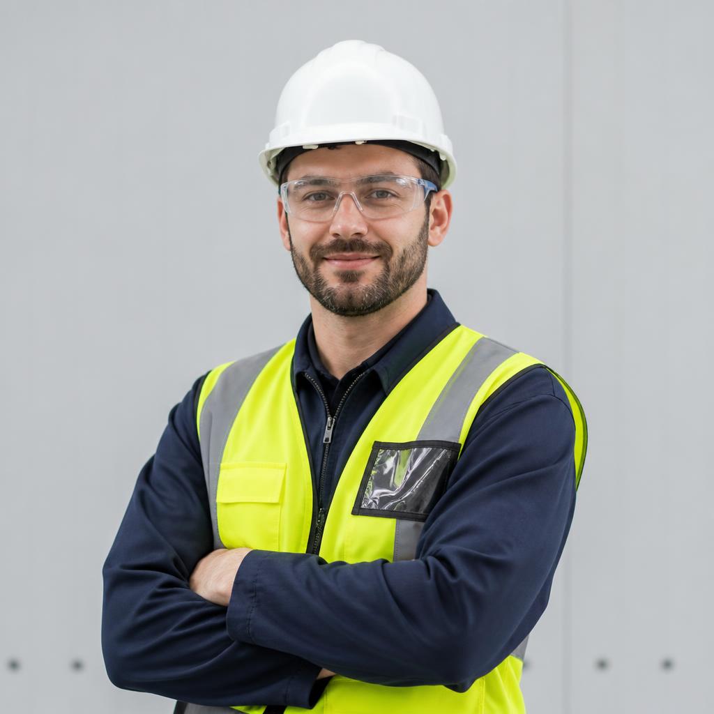 Travailleur industriel portant un casque de sécurité, les bras croisés