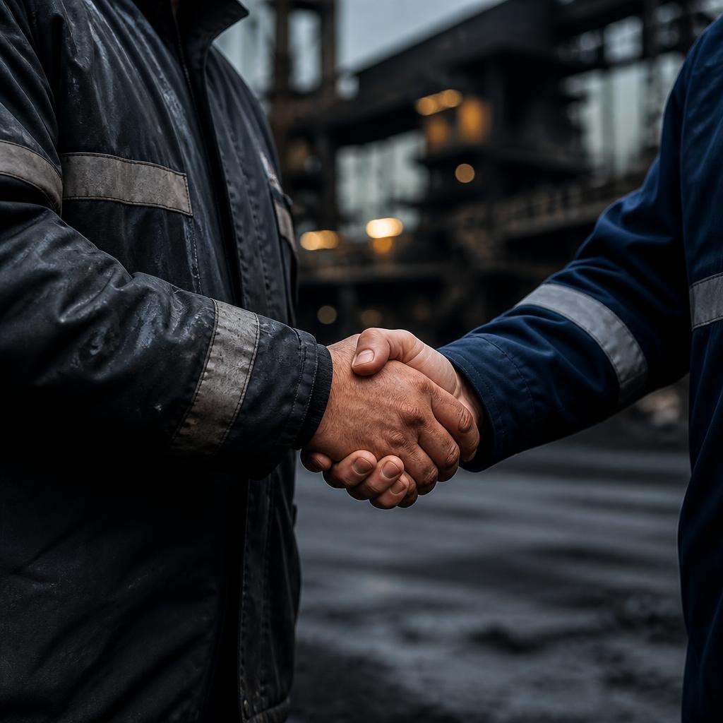 Poignée de main entre deux professionnels sur un site industriel
